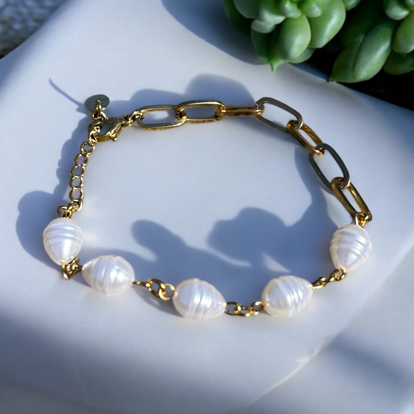 14K Gold Plated 304 Stainless Steel Paperclip Chain Imitation Pearl Bracelet